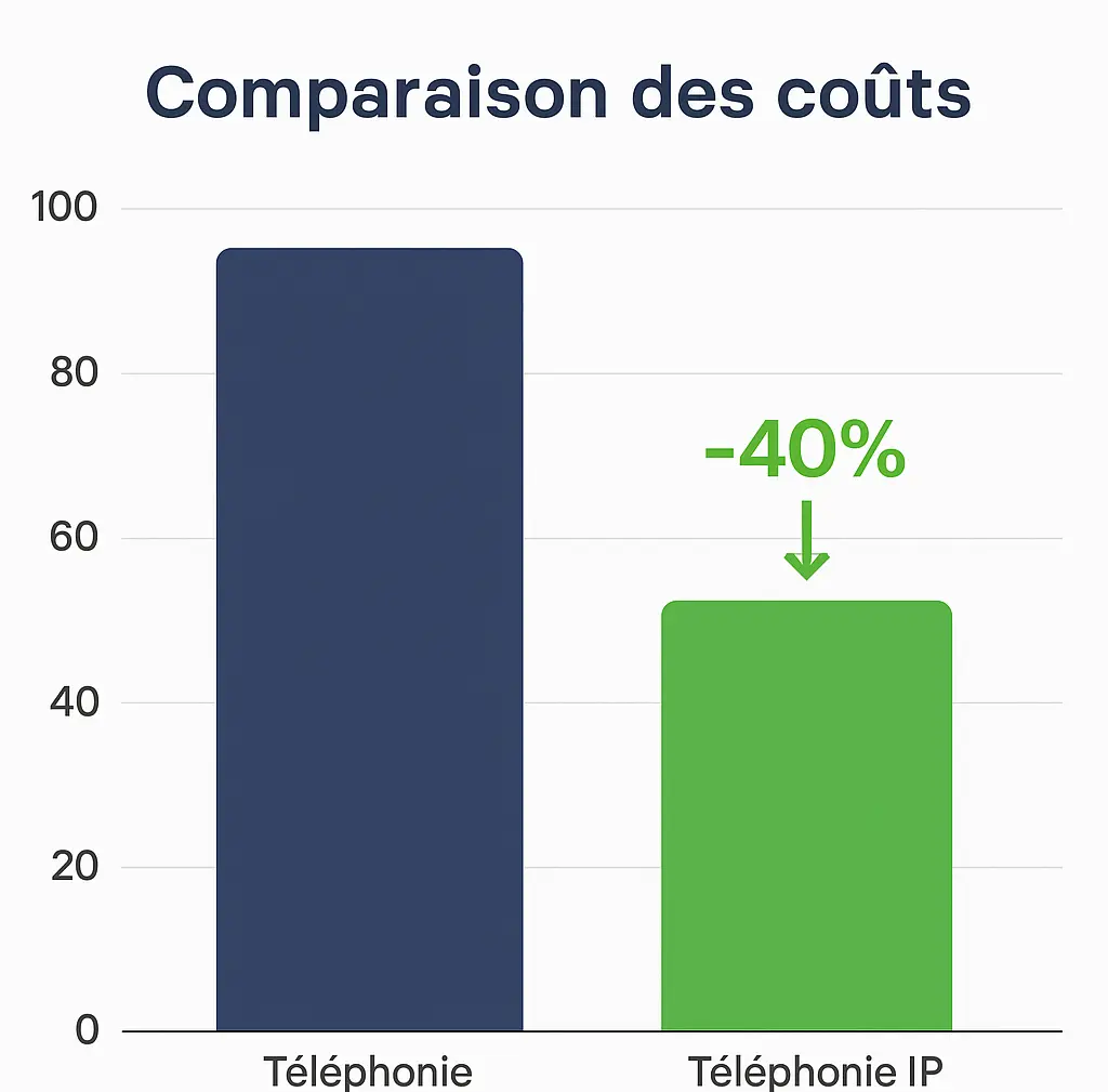 : Graphique comparatif des coûts : la téléphonie IP permet jusqu’à 40 % d’économies par rapport à la téléphonie traditionnelle.