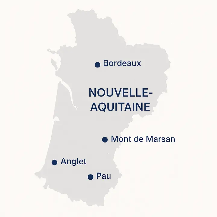Carte de la Nouvelle-Aquitaine avec les villes couvertes par AT Connect pour l’installation 3CX : Anglet, Bordeaux, Pau, Mont-de-Marsan.
