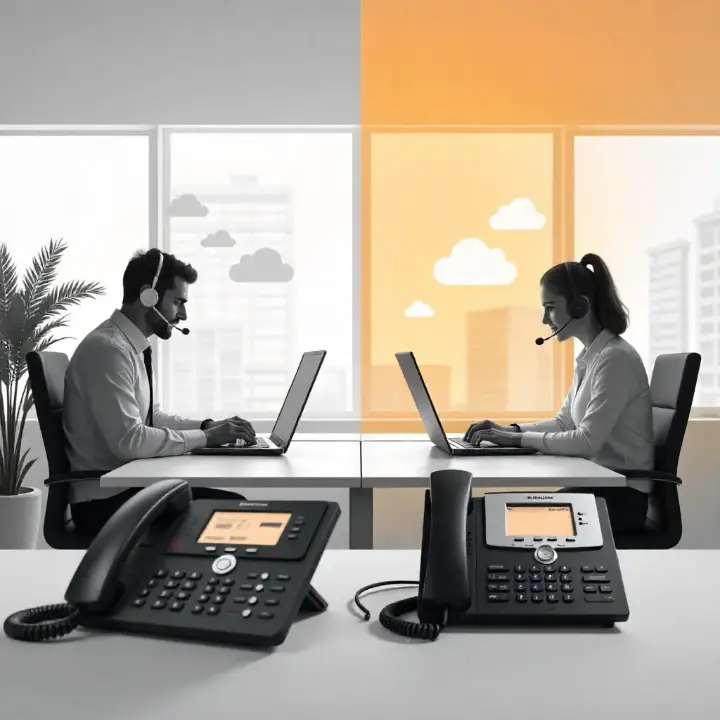 Employés d’une PME utilisant la téléphonie IP sur ordinateur et standard IP moderne, illustrant la migration vers la VoIP en entreprise.