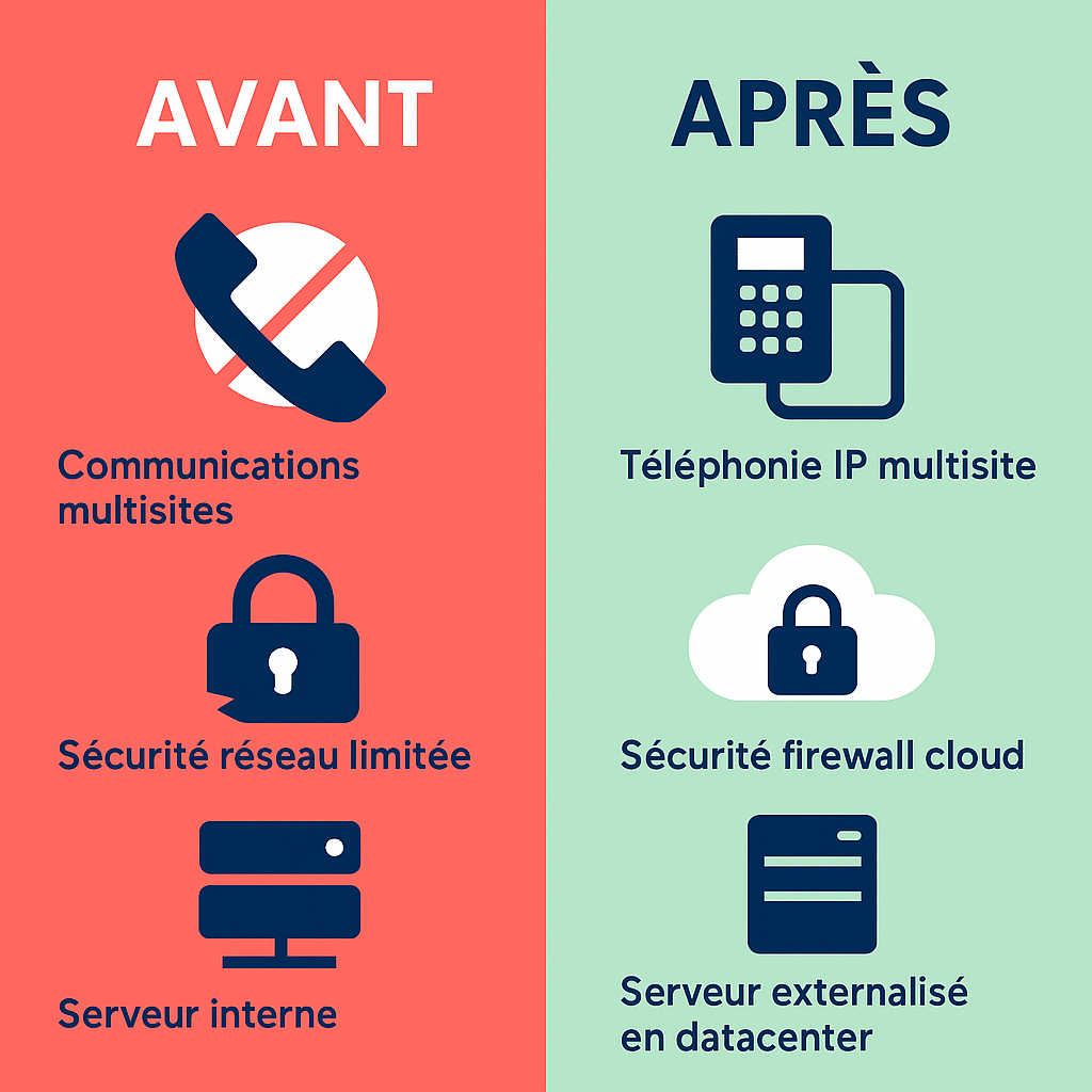 Infographie avant/après Francelec – Communications multisites limitées, sécurité réseau fragile et serveur interne remplacés par une téléphonie IP multisite 3CX, une sécurité firewall cloud et des serveurs externalisés dans les data centers AT Connect. Solution installateur local Anglet, Pau, Mont-de-Marsan et Bordeaux.