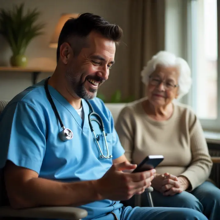 Soignant souriant utilisant un smartphone pour communiquer avec une résidente âgée à l’Ehpad ÉGOA, illustrant l’appel malade informatique et la proximité humaine.