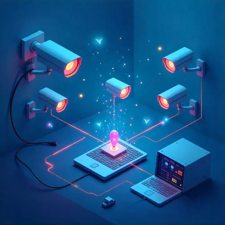 Illustration de vidéo-surveillance connectée à un serveur informatique sécurisé, symbolisant la modernisation numérique d’un Ehpad avec AT Connect.