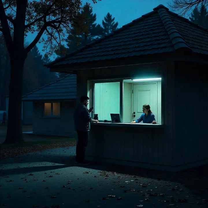 Vacancier au comptoir de la réception d’un camping le soir, se plaignant d’un problème de WiFi lent.