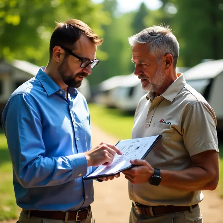 Expert AT Connect conseillant un directeur de camping avec un plan réseau WiFi en main, discussion en extérieur dans un camping moderne.