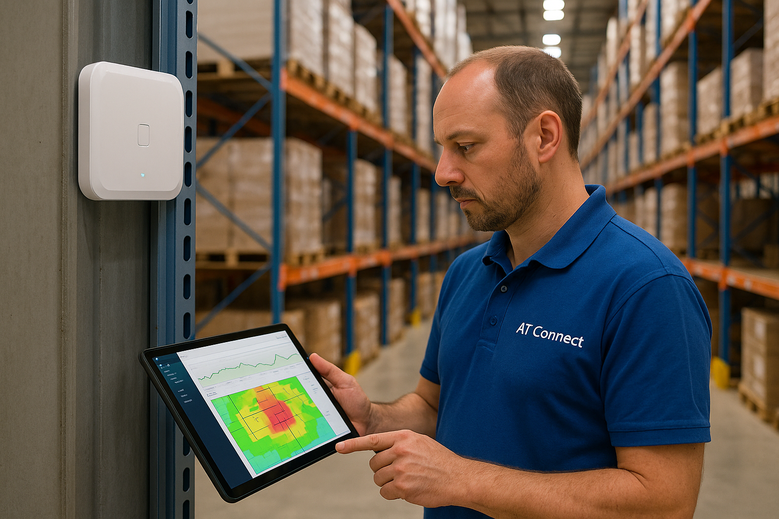 photo d’un technicien AT Connect analysant le réseau avec une tablette dans un entrepôt.