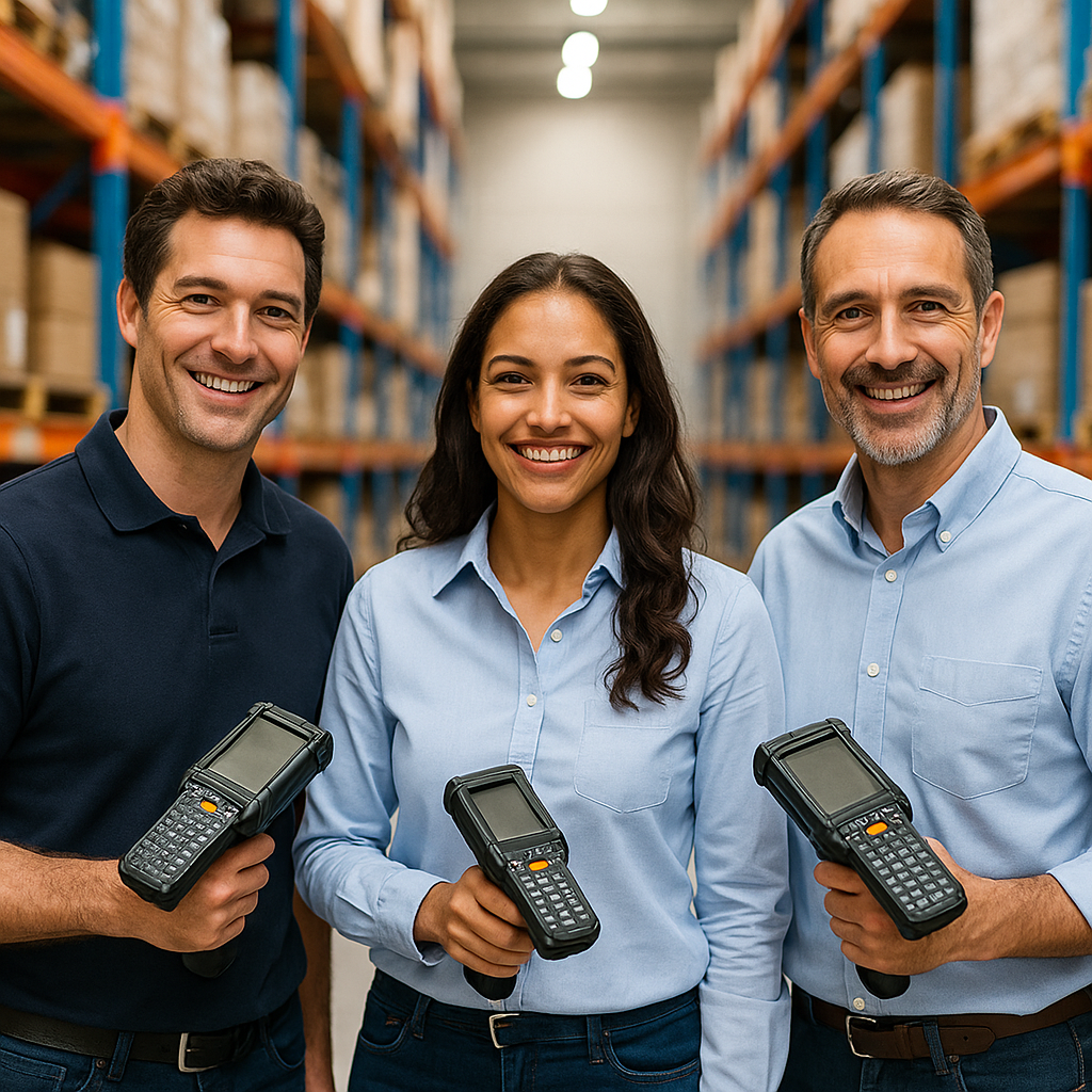 photo d’une équipe logistique souriante, scanners en main, dans un entrepôt lumineux.
