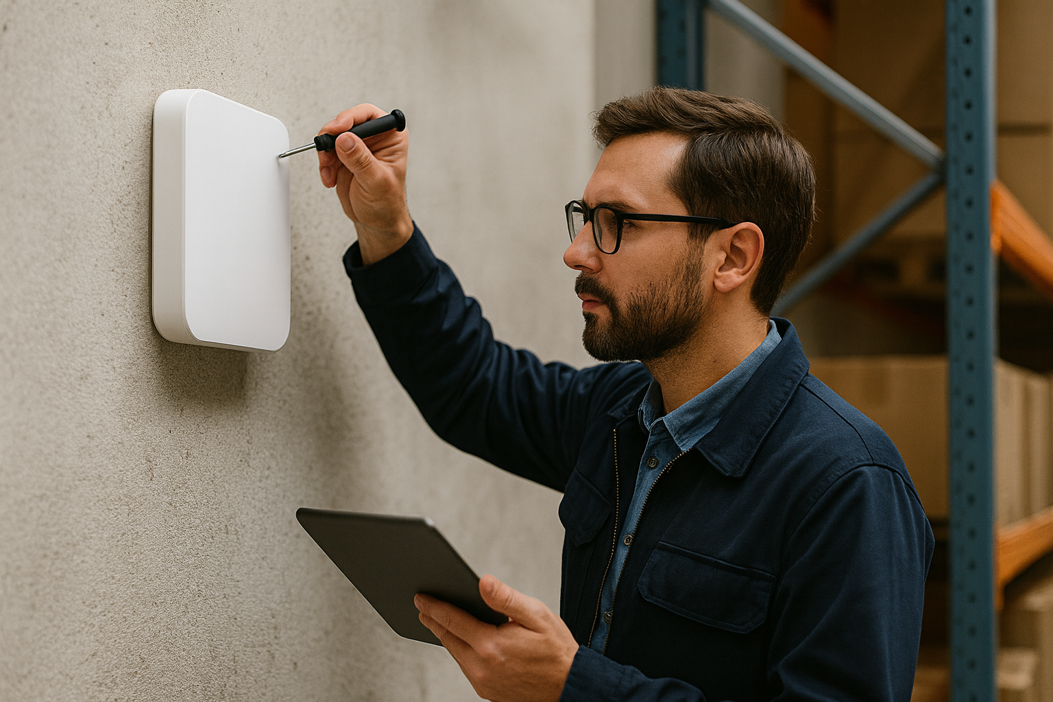 photo d’un ingénieur AT Connect configurant une borne WiFi dans un entrepôt.