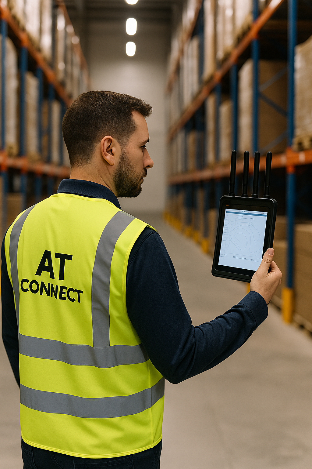 Ingénieur AT Connect en gilet haute visibilité effectuant un audit wifi industriel dans un entrepôt logistique en Nouvelle-Aquitaine avec bornes Ruijie.