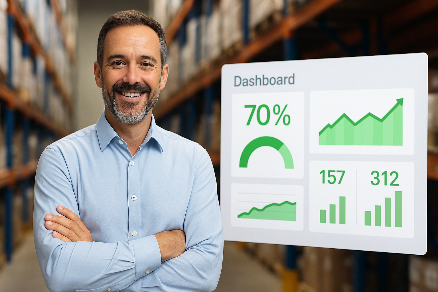 Directeur d’entrepôt souriant devant un tableau de bord digital avec indicateurs verts de performance et productivité grâce au wifi Ruijie.