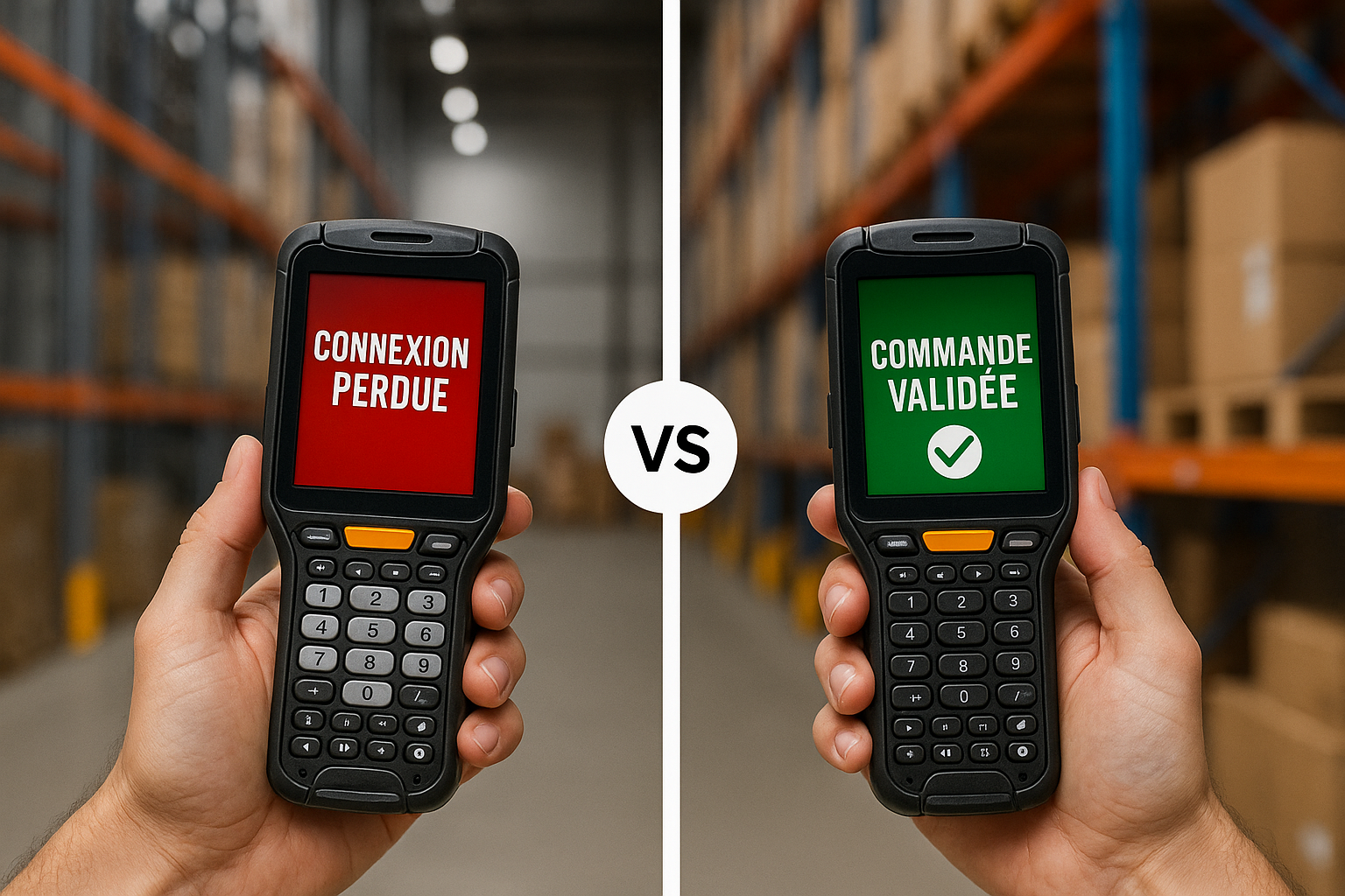 Comparatif visuel en entrepôt : à gauche scanner mobile déconnecté affichant “connexion perdue”, à droite scanner Ruijie fonctionnel avec préparateur satisfait.