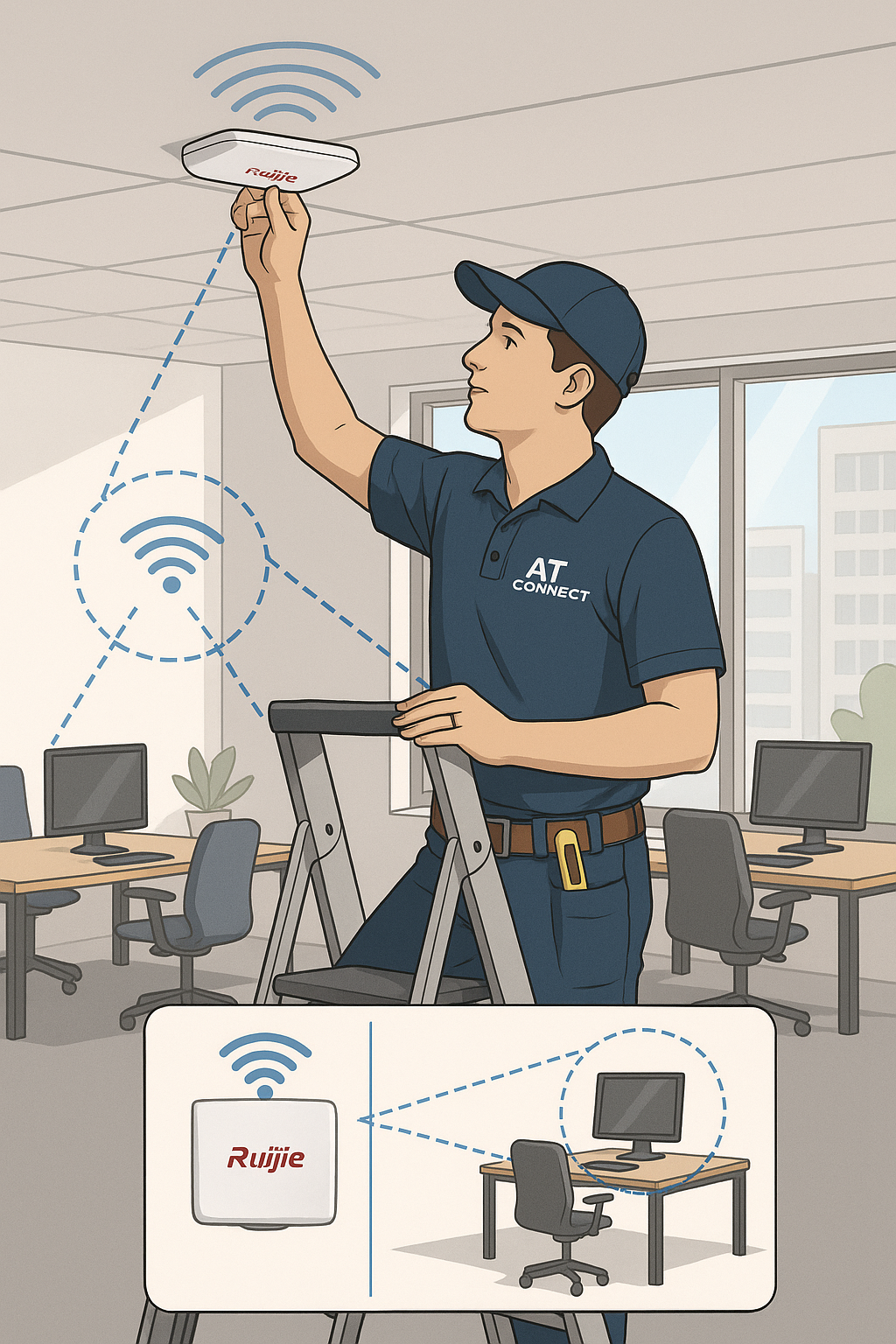 Technicien AT Connect installant une borne Wifi Ruijie professionnelle au plafond d’un bureau PME, schéma visuel montrant la couverture réseau homogène.