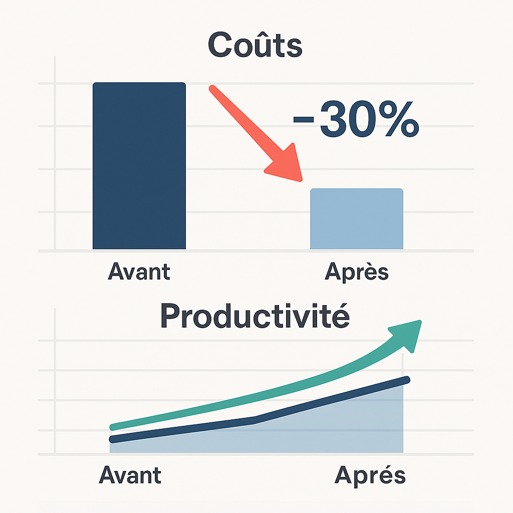 Graphique avant/après illustrant la réduction des coûts wifi de 30 % et l’augmentation de la productivité grâce au Wifi Ruijie pour PME.