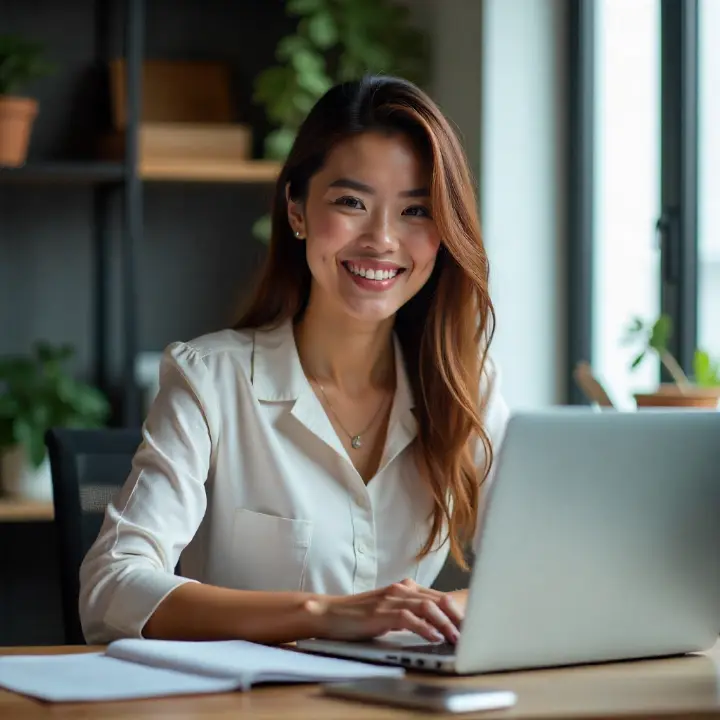 Dirigeante de PME souriante travaillant sur son ordinateur portable connecté au Wifi Ruijie, atmosphère professionnelle et sereine dans son bureau.