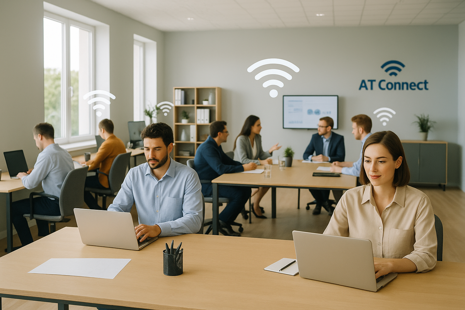 Salariés d’une PME en open space à Bordeaux travaillant sur ordinateurs portables, tous connectés au wifi professionnel Ruijie installé par AT Connect, signal homogène visible.