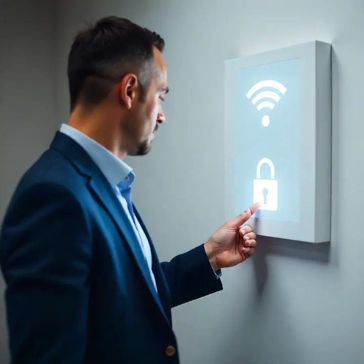 "Homme en costume interagissant avec un écran mural affichant une icône de wifi sécurisé et un cadenas."