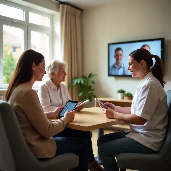 "Famille et soignant dans un EHPAD connecté : une femme âgée accompagnée de sa fille utilise le wifi visiteurs, pendant qu’un soignant consulte une tablette, avec un médecin visible en téléconsultation sur un écran."
