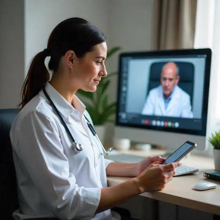 "Médecin en blouse blanche utilisant une tablette pour échanger avec un confrère en téléconsultation sécurisée, visible sur l’écran d’un ordinateur."