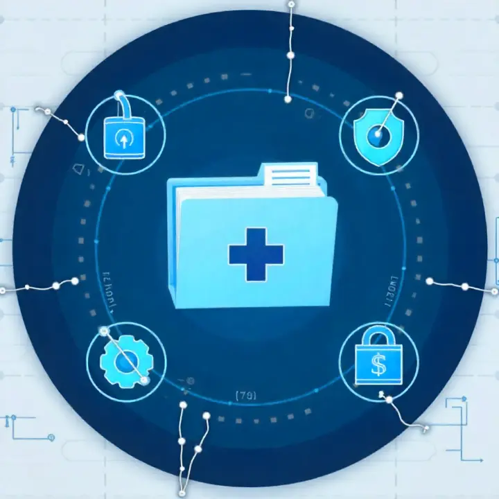 "Illustration graphique d’un dossier médical numérique sécurisé, entouré d’icônes de cybersécurité et de protection des données."