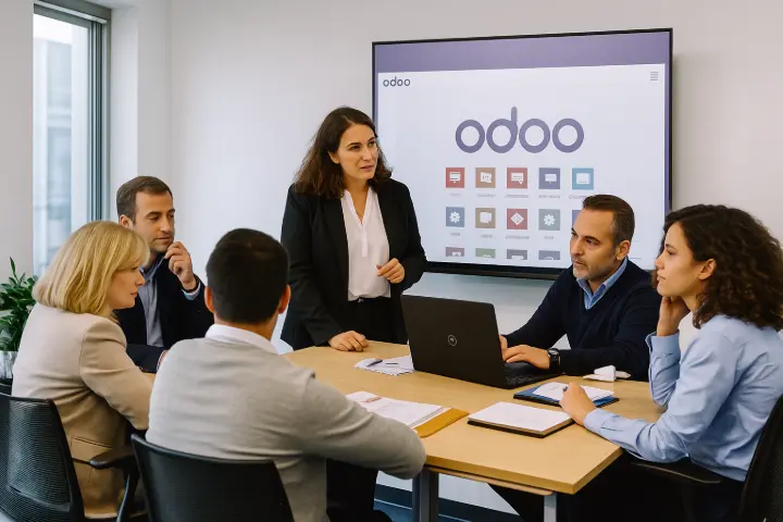 Équipe de consultants AT Connect formant des collaborateurs de PME à l’utilisation d’Odoo ERP dans une salle de réunion.