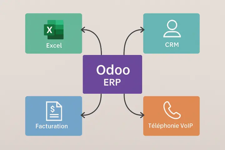 Infographie montrant l’intégration d’Odoo ERP avec Excel, CRM, facturation et téléphonie VoIP pour centraliser la gestion des PME.