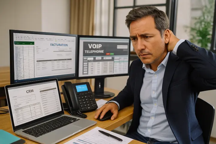 Dirigeant de PME stressé devant plusieurs écrans affichant Excel, facturation, CRM et téléphonie VoIP, illustrant la complexité de gestion sans ERP.