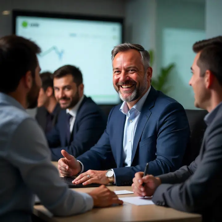 Dirigeant de PME souriant et confiant lors d’une réunion avec ses équipes grâce à l’intégration d’Odoo ERP par AT Connect.