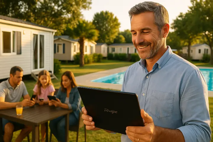 Directeur de camping souriant, tenant une tablette noire marquée “Ruijie”, debout près d’une piscine dans un camping moderne. À l’arrière-plan, une famille de vacanciers est assise à une table, chacun connecté à son appareil mobile. Scène ensoleillée, ambiance estivale et conviviale, symbolisant un WiFi stable et performant grâce aux solutions Ruijie installées par AT Connect.