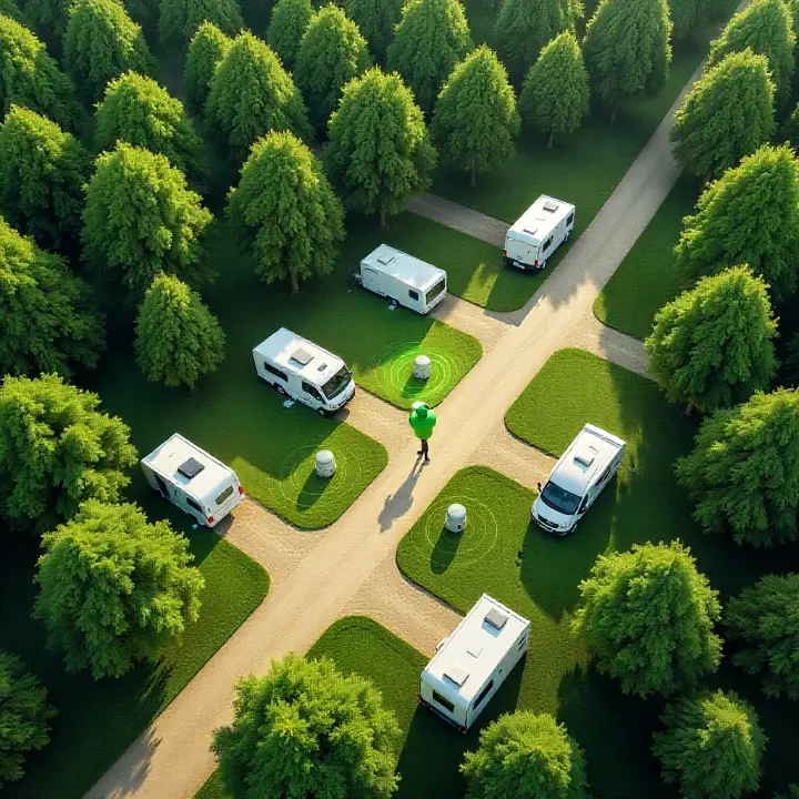Vue aérienne d’un camping arboré avec plusieurs mobil-homes et bornes WiFi Ruijie diffusant un signal stable. Représentation visuelle d’une couverture réseau complète et homogène sur l’ensemble du site.