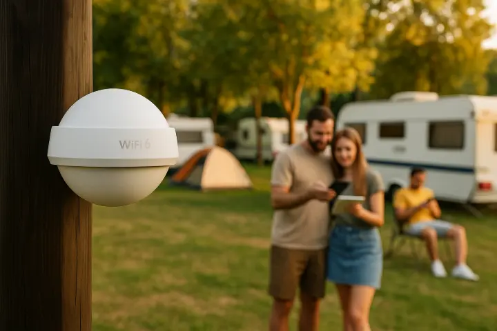 Borne WiFi 6 Ruijie fixée sur un poteau dans un camping verdoyant. À l’arrière-plan, un couple regarde une tablette et un vacancier est assis près d’une caravane. Scène estivale illustrant une connexion stable et performante en plein air.