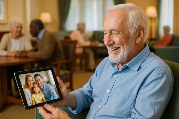 Résident d’un EHPAD souriant pendant un appel vidéo avec sa famille sur une tablette, illustrant le rôle du wifi dans le maintien du lien social.