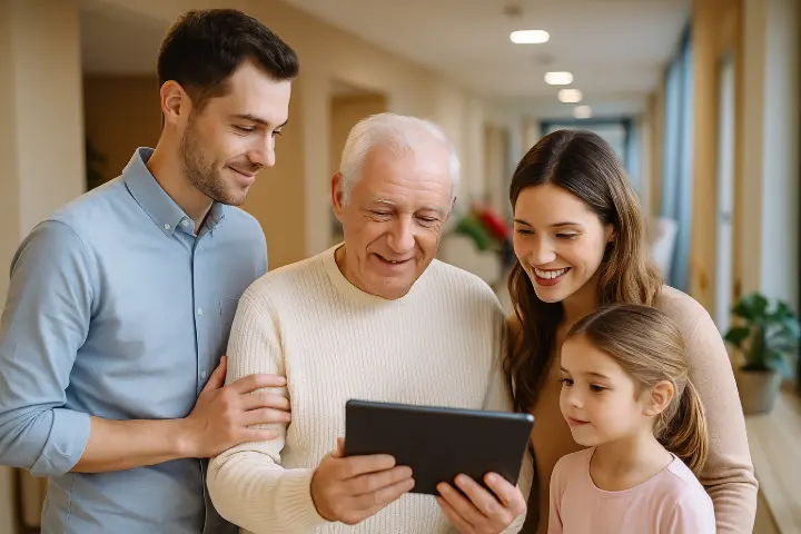 Famille visitant un EHPAD moderne, tenant une tablette connectée au wifi, symbole d’un établissement attractif et numérique.