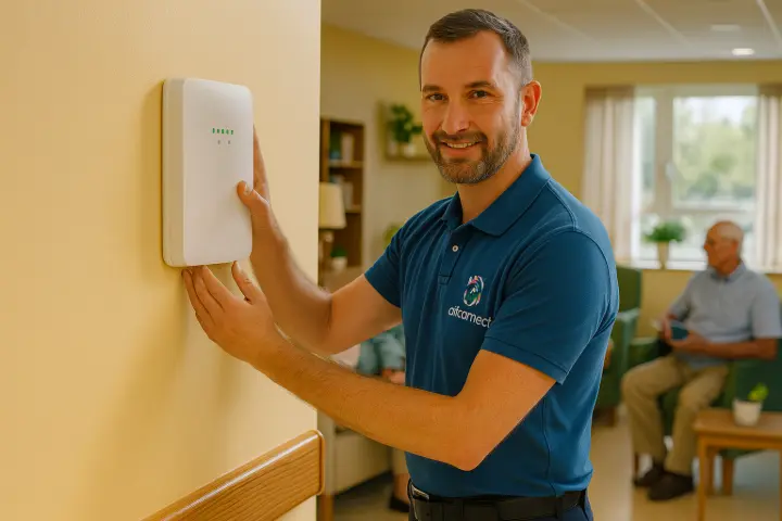 Technicien AT Connect installant un routeur wifi dans un EHPAD de Nouvelle-Aquitaine, représentant la modernisation et la sécurité réseau des établissements.