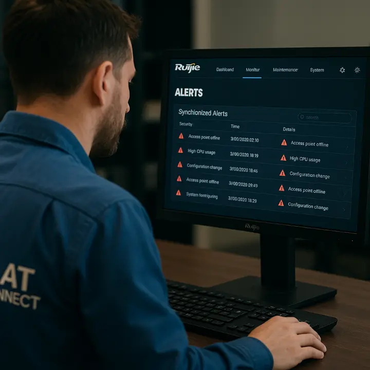 Technicien AT Connect surveillant une console Ruijie affichant des alertes synchronisées de réseau WiFi PME en Nouvelle-Aquitaine