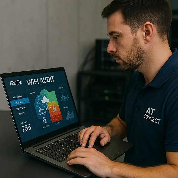 Technicien AT Connect réalisant un audit WiFi Ruijie sur ordinateur portable pour une PME multi-agences en Nouvelle-Aquitaine