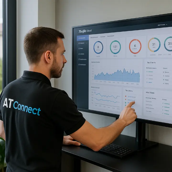 Technicien AT Connect supervisant un tableau de bord réseau Ruijie Cloud pour un déploiement Wi-Fi multi-agences en Nouvelle-Aquitaine
