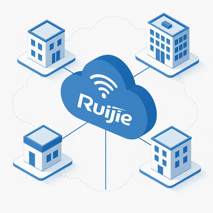 Schéma illustrant la solution Ruijie Cloud reliant plusieurs agences via un réseau Wi-Fi professionnel sécurisé