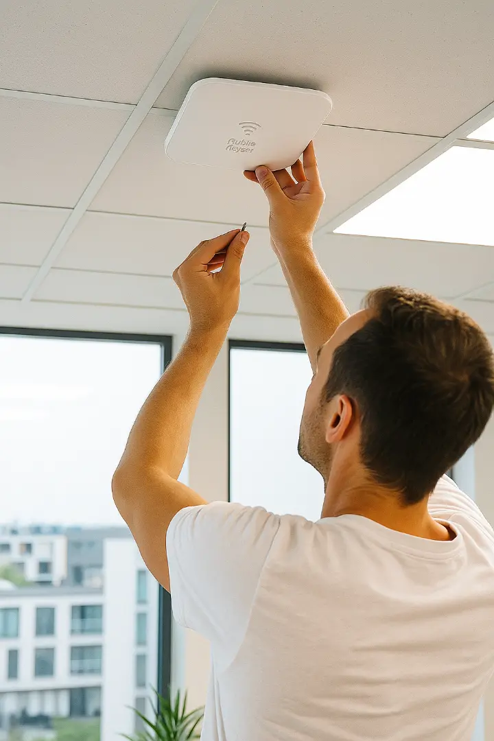Technicien installant une borne Wi-Fi Ruijie Reyee dans les bureaux d’une PME pour un réseau multi-agences stable et performant