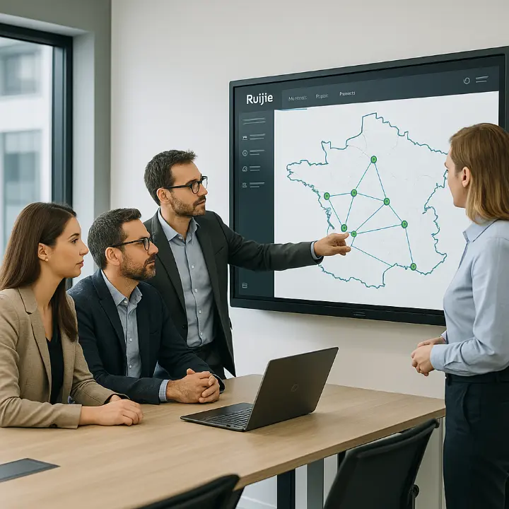 Équipe AT Connect planifiant le déploiement d’un réseau Wi-Fi Ruijie multi-agences sur une carte de la France