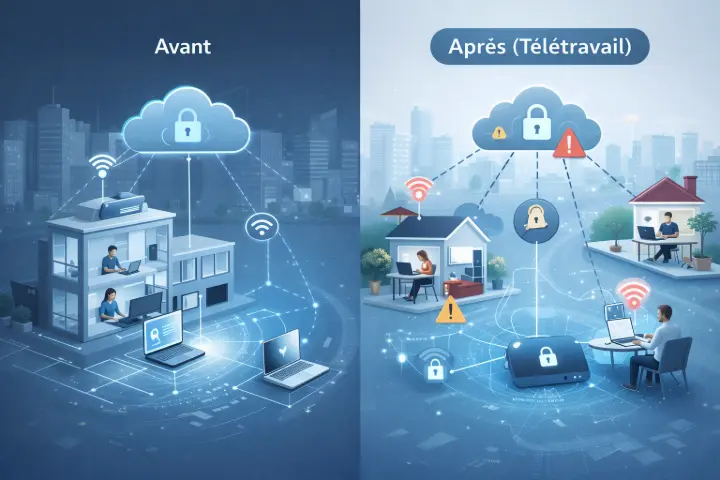 Schéma comparatif du réseau d’une PME avant et après la mise en place du télétravail, montrant l’extension des connexions wifi et les nouveaux enjeux de sécurité réseau.