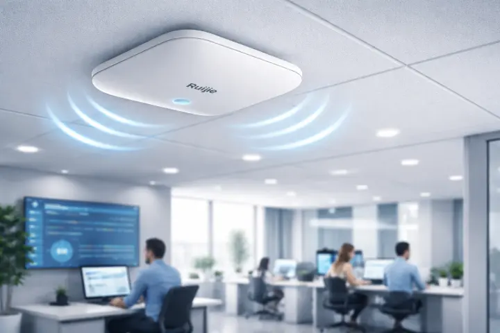 Point d’accès wifi professionnel Ruijie installé au plafond dans des bureaux de PME, garantissant une connexion wifi performante et sécurisée.