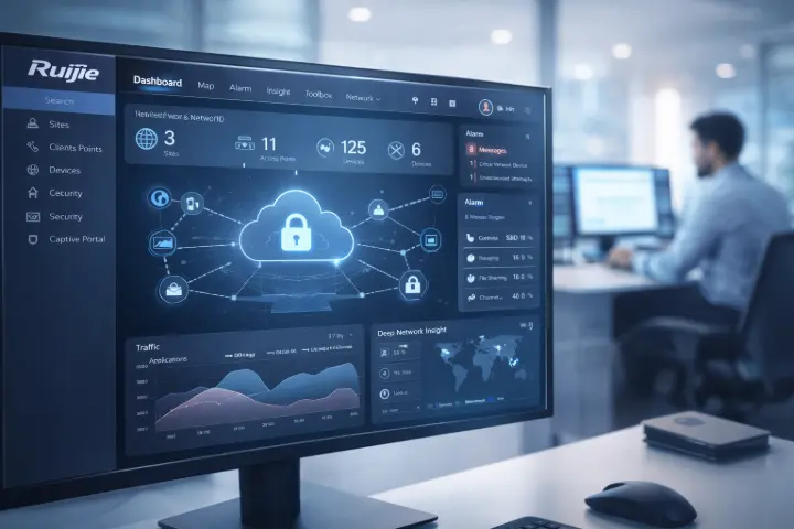 Interface de gestion réseau cloud Ruijie affichant la supervision du wifi, la sécurité réseau et les performances des connexions en entreprise.