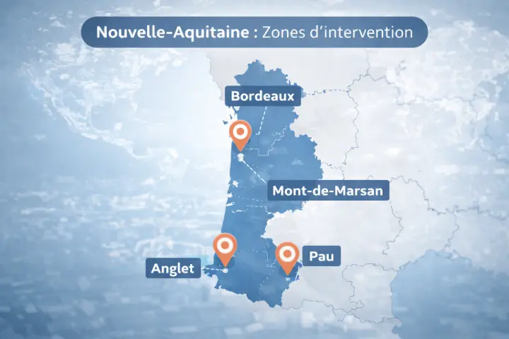 Carte de la Nouvelle-Aquitaine indiquant les zones d’intervention d’AT Connect pour l’installation de réseaux wifi professionnels à Bordeaux, Mont-de-Marsan, Pau et Anglet.