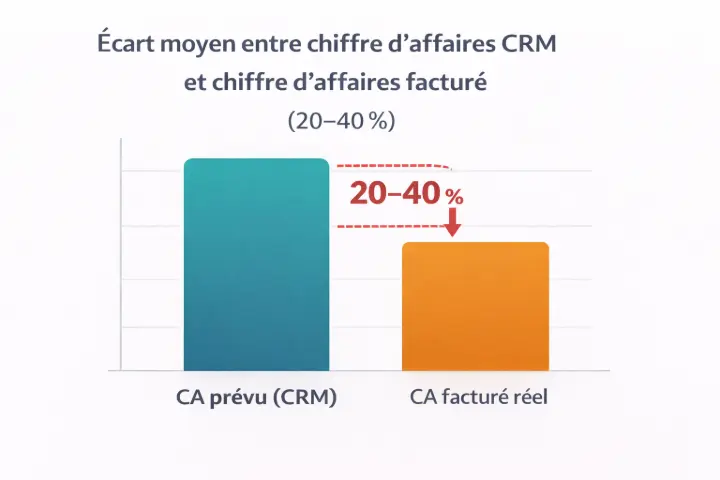 Graphique illustrant l’écart moyen entre chiffre d’affaires prévu dans le CRM et chiffre d’affaires réellement facturé, compris entre 20 et 40 %