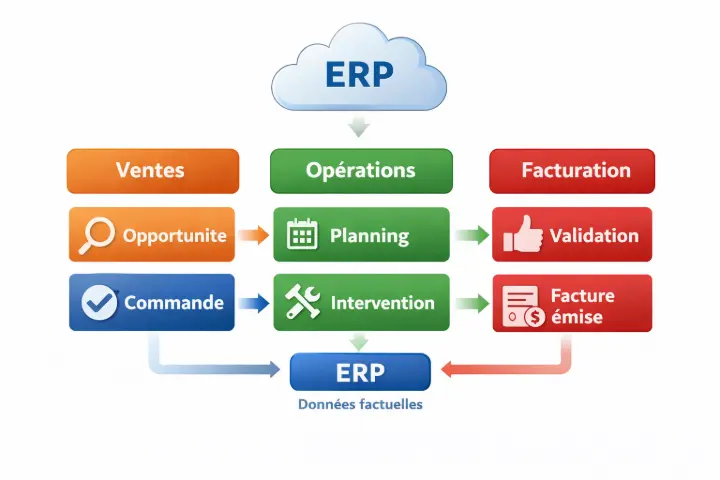 Schéma ERP reliant ventes, opérations et facturation pour un pilotage fiable de la performance commerciale