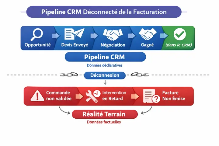 Schéma montrant un pipeline CRM déconnecté de la facturation et de la réalité terrain, illustrant les limites du pilotage commercial sans ERP