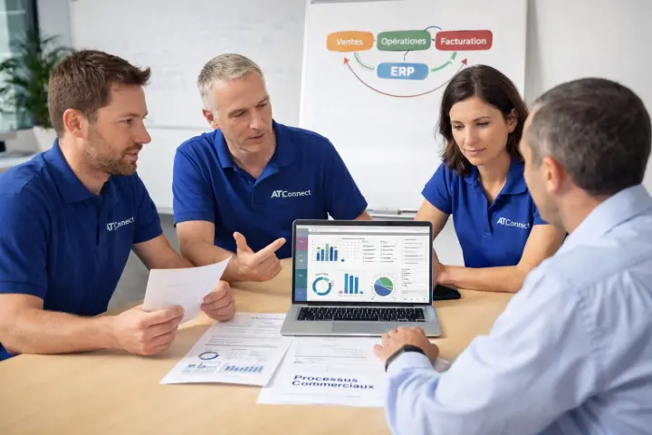 Équipe AT Connect accompagnant une PME dans le pilotage de la performance commerciale avec un ERP comme Odoo