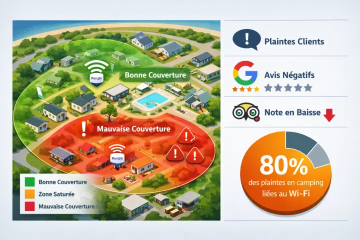 Carte de couverture Wi-Fi en camping montrant les zones bien couvertes et les zones saturées responsables de plaintes clients.