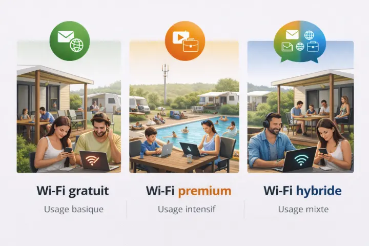 Comparaison des usages Wi-Fi en camping : Wi-Fi gratuit pour usage basique, Wi-Fi premium pour usage intensif et Wi-Fi hybride pour un usage mixte.