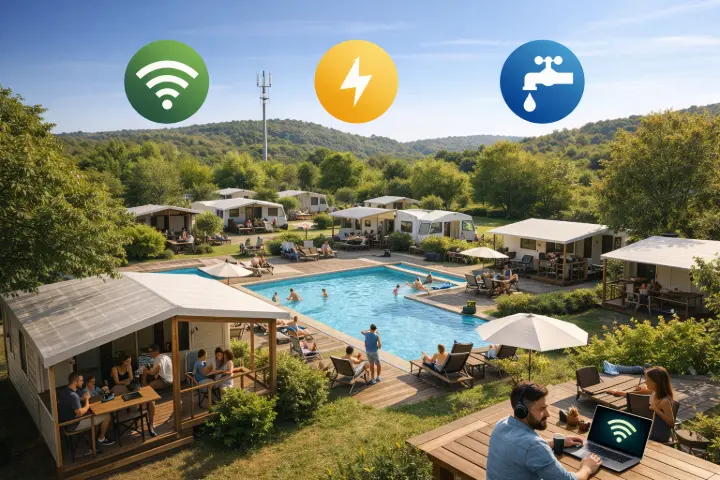 Camping moderne avec piscine et hébergements, où le Wi-Fi est représenté comme un service essentiel au même titre que l’électricité et l’eau chaude.
