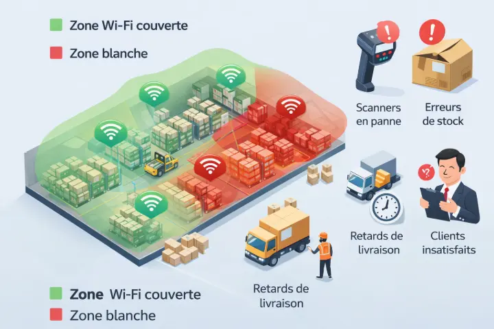 Infographie montrant la couverture Wi-Fi d’un entrepôt logistique avec zones couvertes et zones blanches responsables d’erreurs de stock et de retards de livraison.